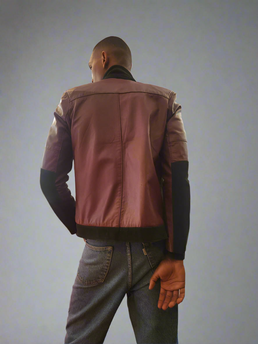 Men’s Burgundy Leather Jacket with Suede Sleeves – Classic & Elegant Design